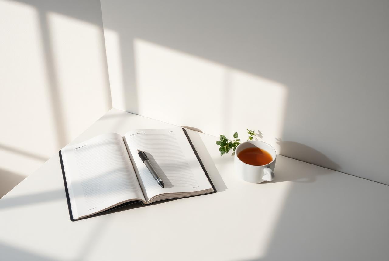 A sunlit desk with an open planner, a pen and a cup of tea